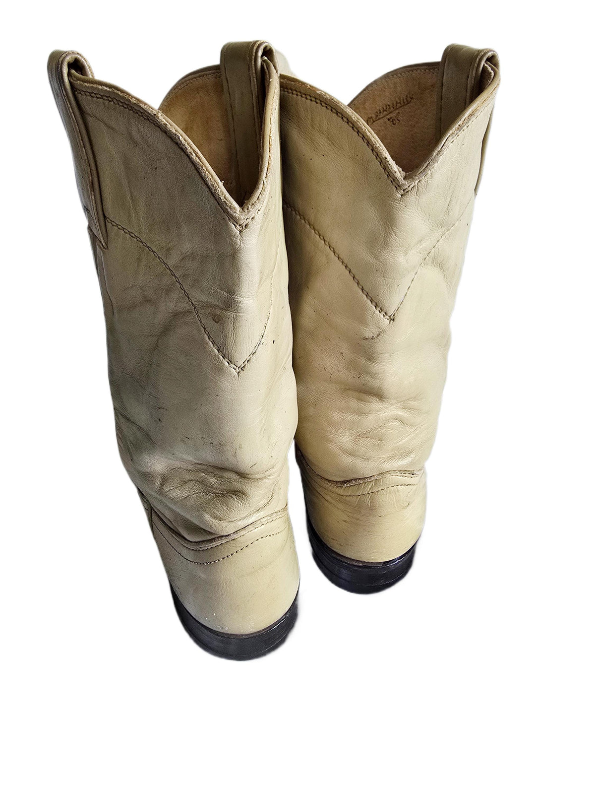 Distressed Beige Leather Western Boots Women US 6, Justin Cowboy Western Boots UK 4, Mid Calf Riding Boots, Rustic Festival Boots USA Made