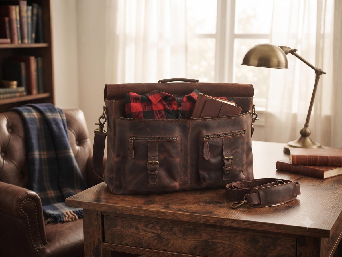 Large Buffalo Leather Messenger Bag – Vintage Men's Briefcase & Laptop Work Bag