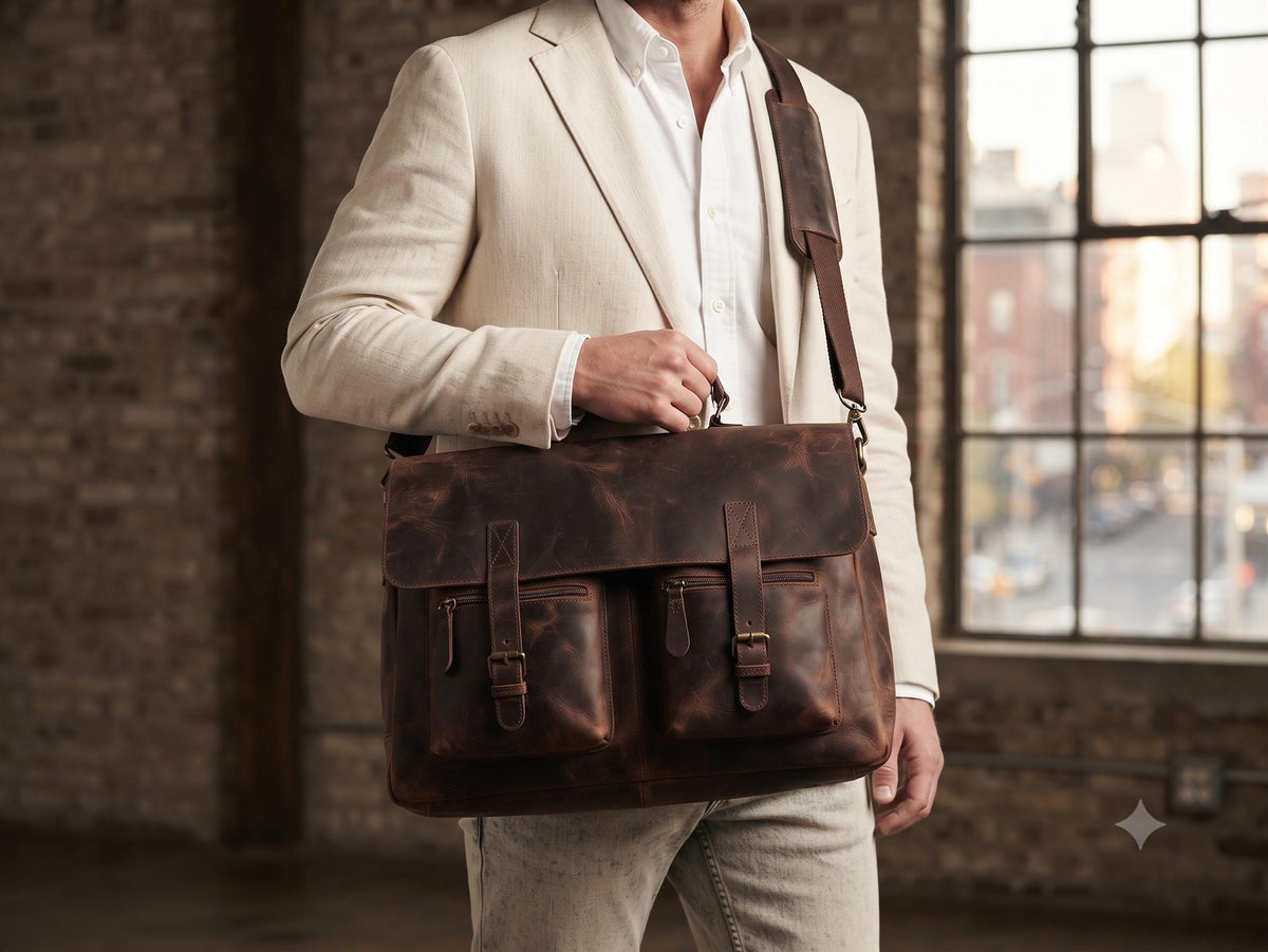 Large Buffalo Leather Messenger Bag – Vintage Men's Briefcase & Laptop Work Bag