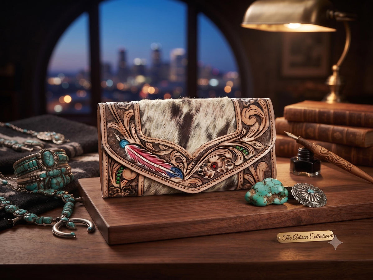 Hand Tooled Leather Cowhide Wallet: Western Feather Design