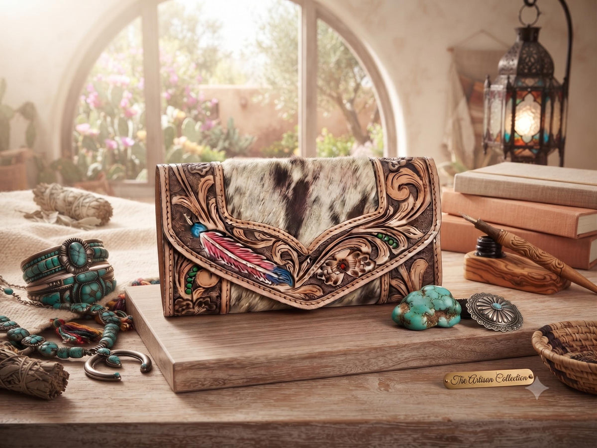 Hand Tooled Leather Cowhide Wallet: Western Feather Design