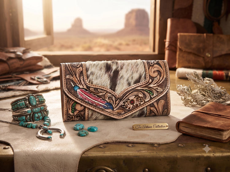 Hand Tooled Leather Cowhide Wallet: Western Feather Design
