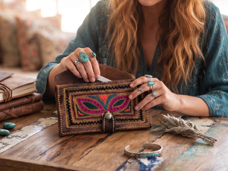 Handmade Embroidered Leather Wallet – Small Boho Coin Purse & Ethnic Women's Wallet