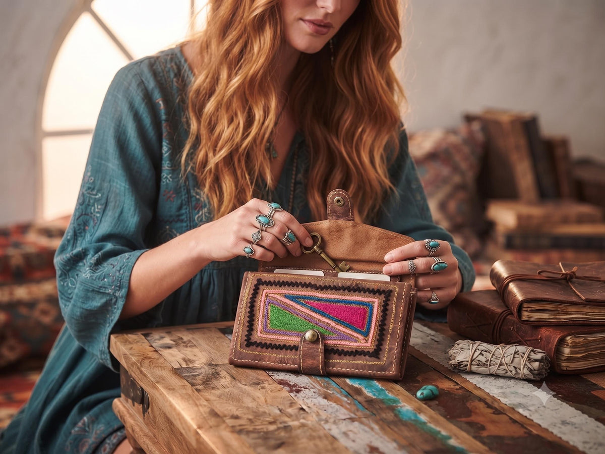 Handmade Embroidered Leather Wallet – Small Boho Coin Purse & Ethnic Women's Wallet