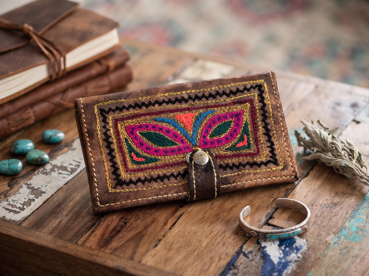 Handmade Embroidered Leather Wallet – Small Boho Coin Purse & Ethnic Women's Wallet