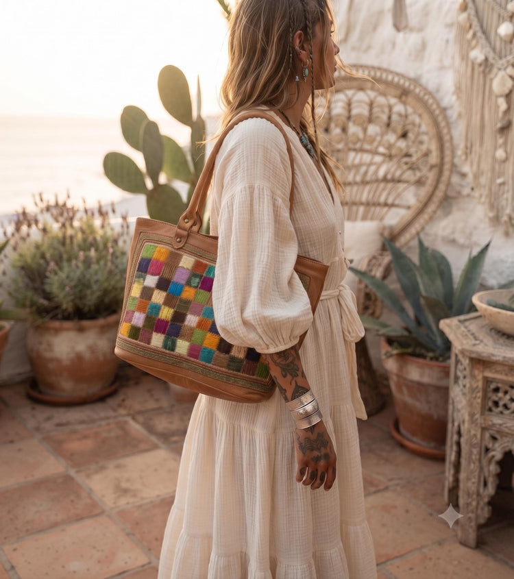 Vintage Embroidered Leather Tote Bag – Handmade Goat Leather Boho Shoulder Bag