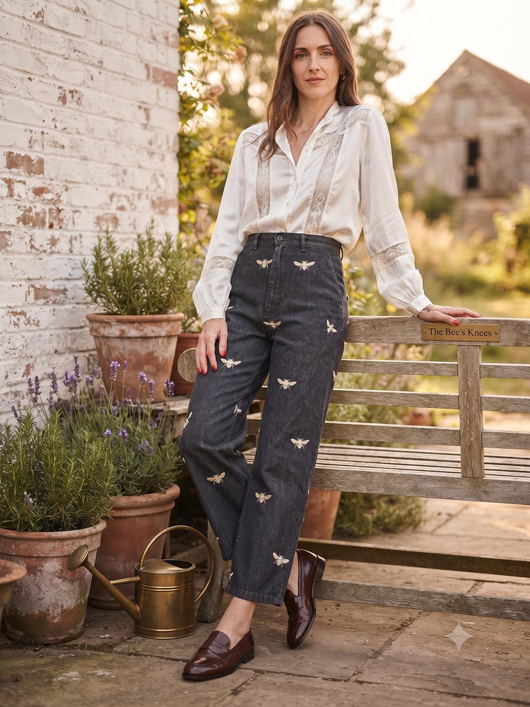 Vintage Hippie Trousers with Embroidered Bees – Boho Cottagecore Festival Pants