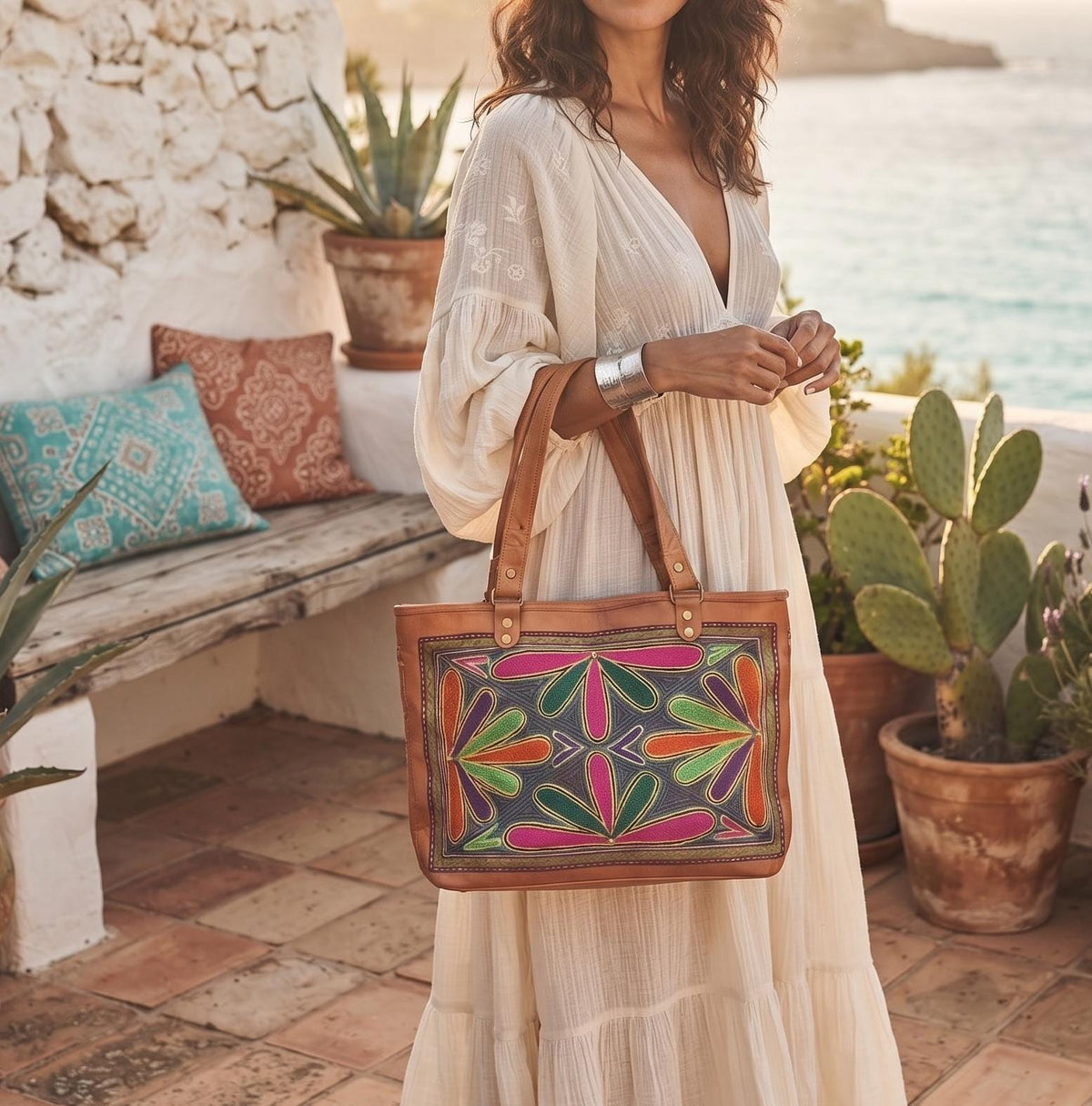 Colourful Embroidered Leather Shoulder Bag – Rainbow Boho Handbag & Artisan Leather Tote