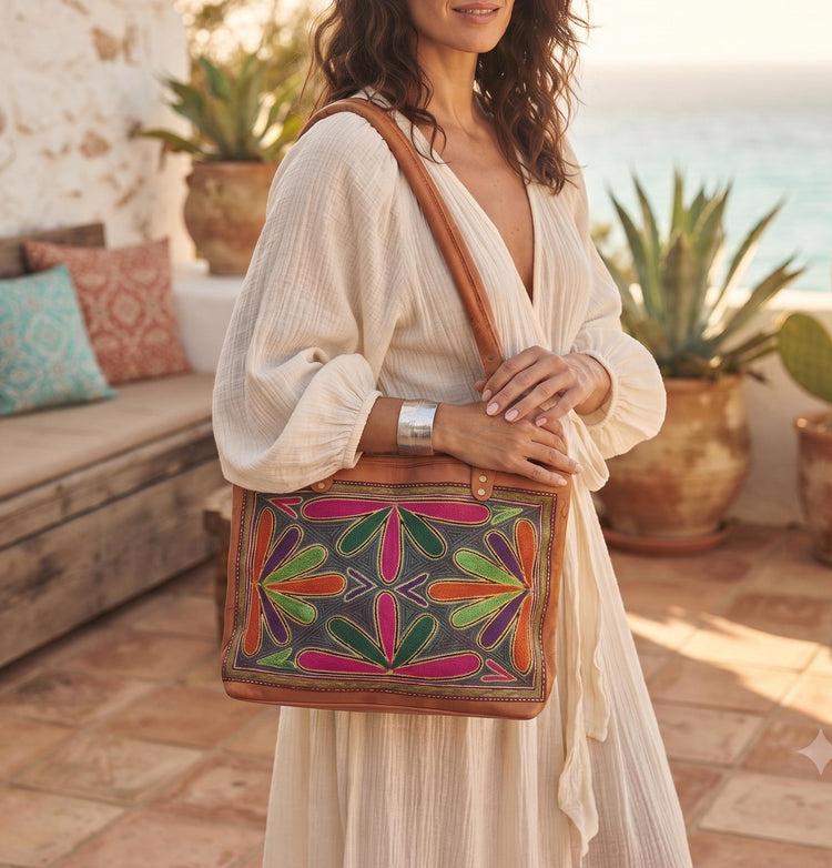 Colourful Embroidered Leather Shoulder Bag – Rainbow Boho Handbag & Artisan Leather Tote