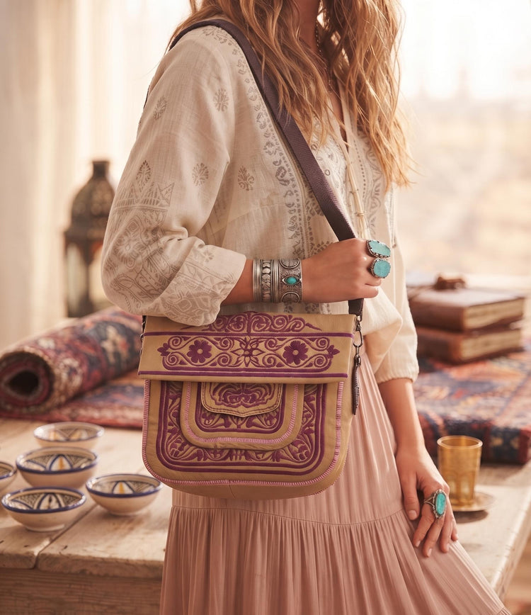 Vintage Moroccan Berber Leather Bag – Embroidered Boho Shoulder Satchel - Festival Purse