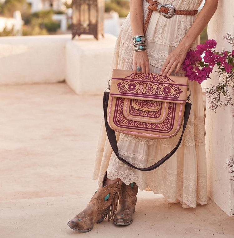 Vintage Moroccan Berber Leather Bag – Embroidered Boho Shoulder Satchel - Festival Purse