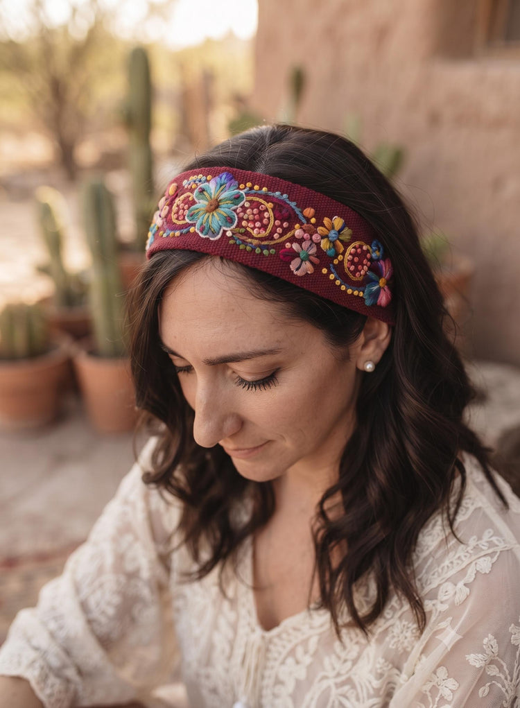 Frida Kahlo Style Headband – Handmade Peruvian Alpaca Wool Floral Hairband