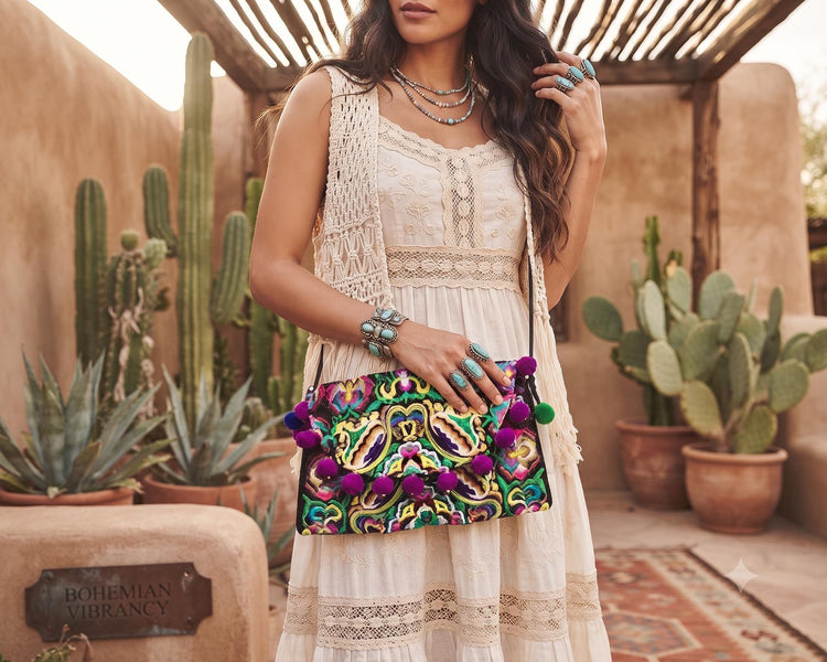 Indian Banjara Bag with Pom Poms & Bells – Embroidered Boho Crossbody Clutch