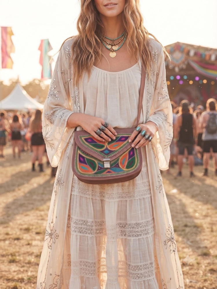 Handmade embroidered leather crossbody bag | boho festival purse | vintage style shoulder bag for women