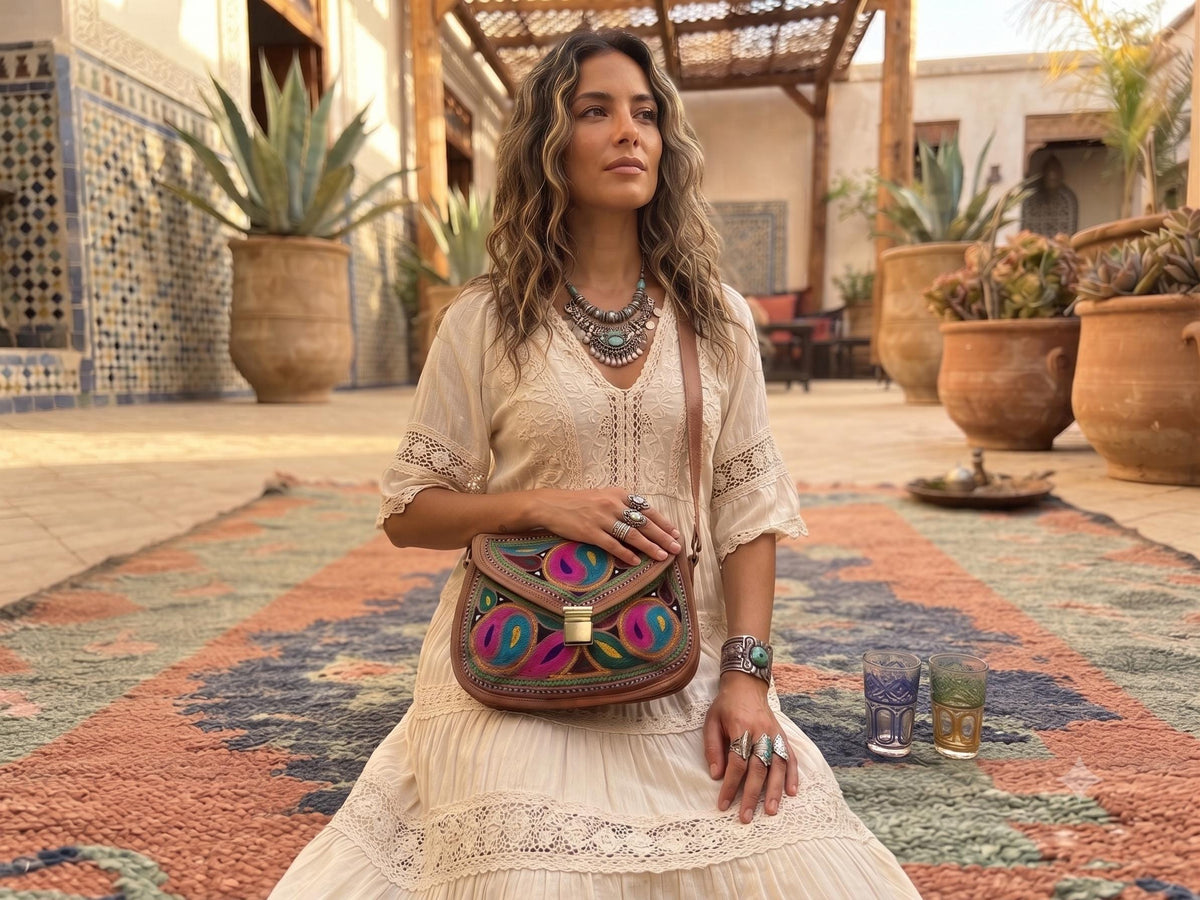 Yin Yang Leather Crossbody Bag – Handmade Embroidered Boho Purse, Hippie Festival Saddle Bag