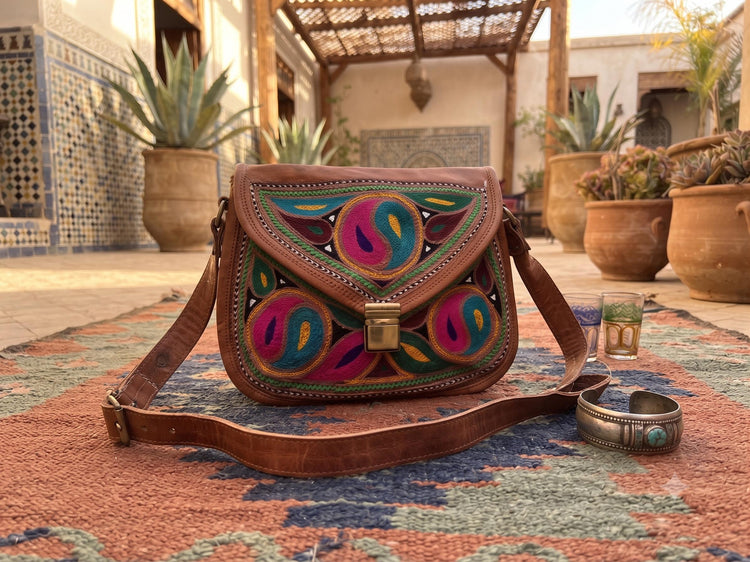 Yin Yang Leather Crossbody Bag – Handmade Embroidered Boho Purse, Hippie Festival Saddle Bag