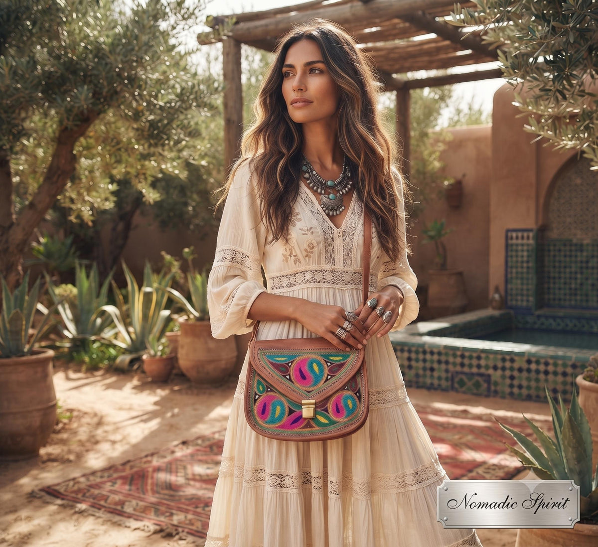 Yin Yang Leather Crossbody Bag – Handmade Embroidered Boho Purse, Hippie Festival Saddle Bag