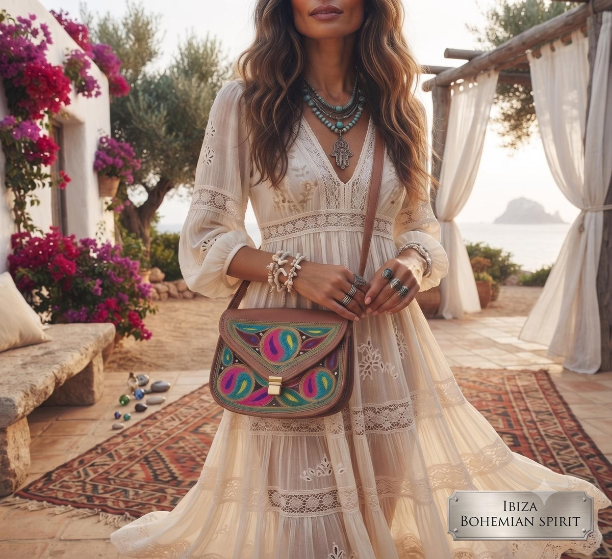 Yin Yang Leather Crossbody Bag – Handmade Embroidered Boho Purse, Hippie Festival Saddle Bag
