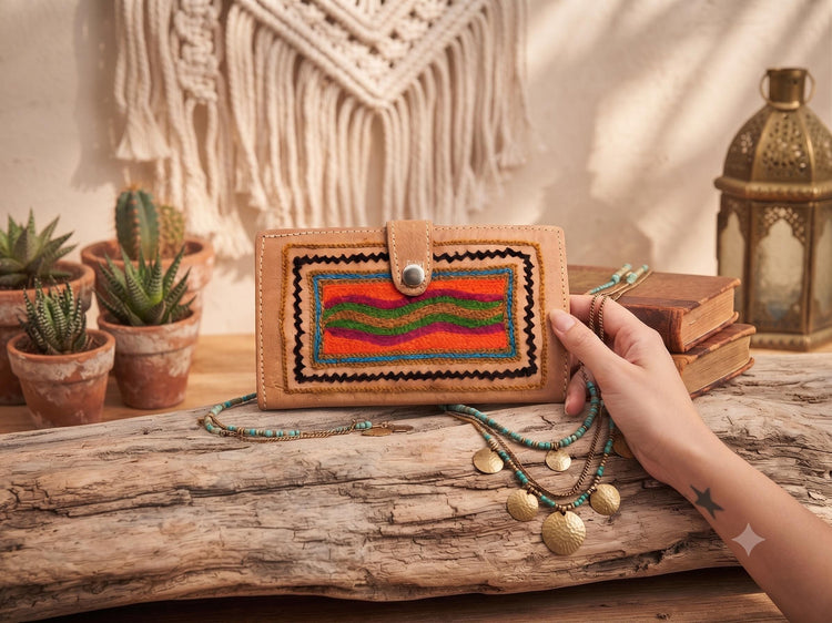 Unique embroidered leather wallet for women - small bifold wallet in vintage style