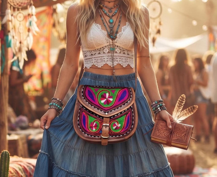70s Hippie Leather Satchel, Embroidered Floral Crossbody Bag, Vintage Flower Power Purse, Indian Boho Shoulder Bag, Artisan Leather Bag