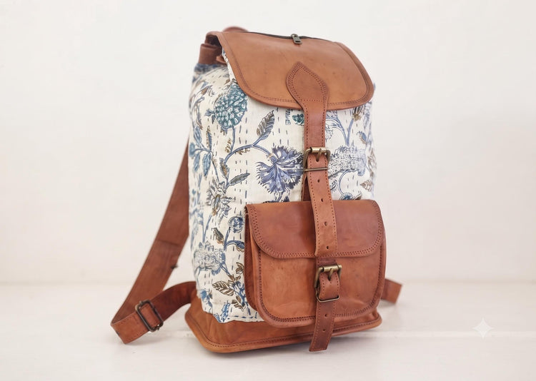 Floral Leather Backpack, Large Boho Rucksack, Hippie Flower Backpack, Botanical Tapestry Bag, 15 Inch Laptop Backpack, Vintage Style