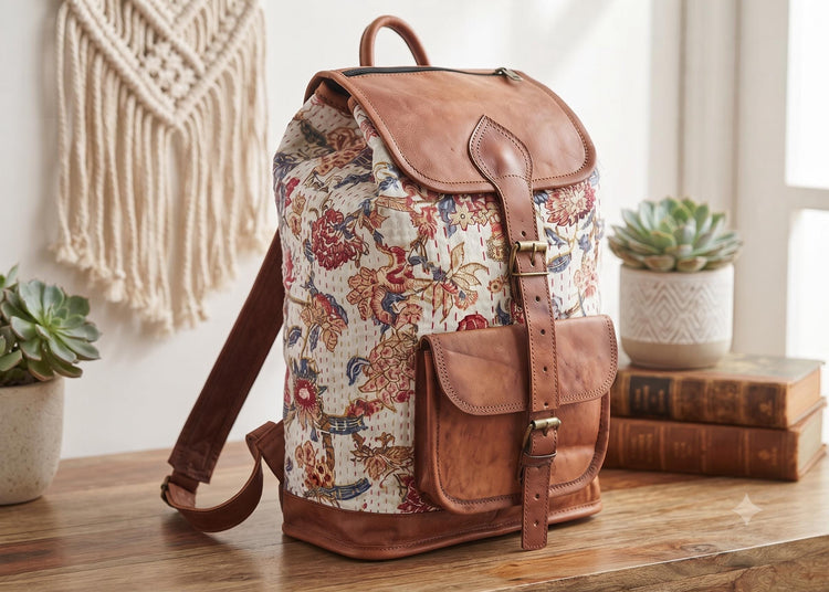 Floral Leather Backpack, Large Boho Rucksack, Hippie Flower Backpack, Botanical Tapestry Bag, 15 Inch Laptop Backpack, Vintage Style