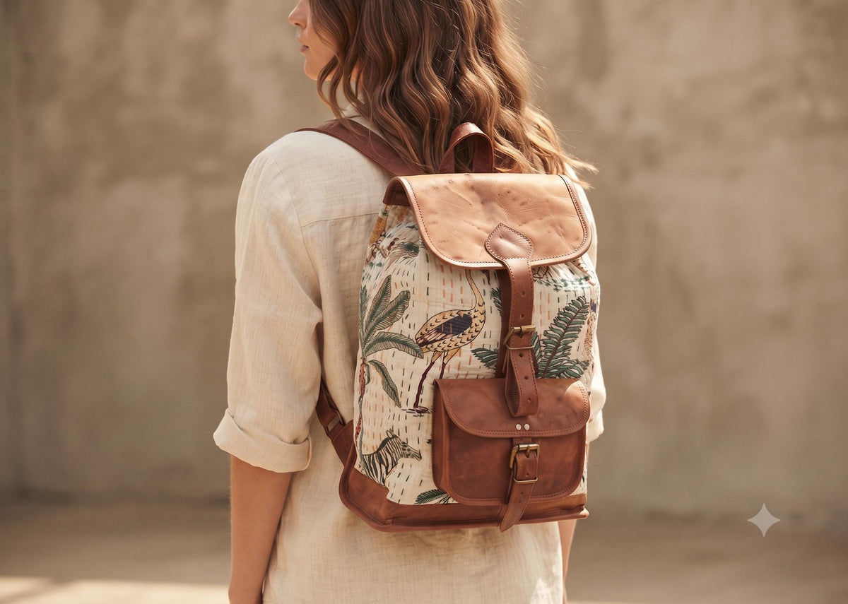 Botanical Jungle Leather Backpack: Leopard Parrot Print Boho Rucksack