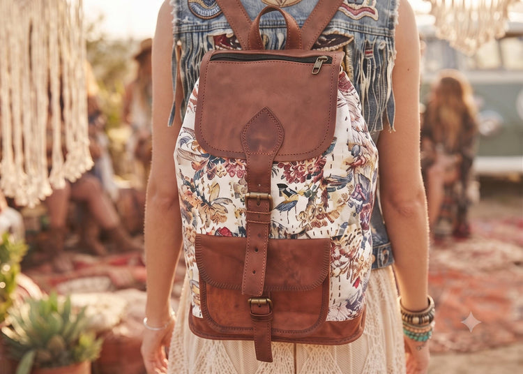 Floral Leather Backpack: Large Canvas Rucksack, Vintage Boho Bag