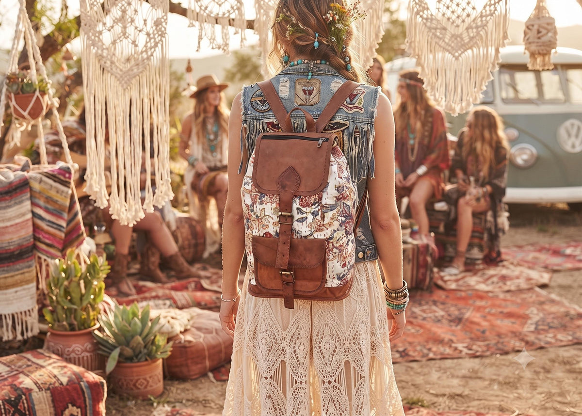 Floral Leather Backpack: Large Canvas Rucksack, Vintage Boho Bag
