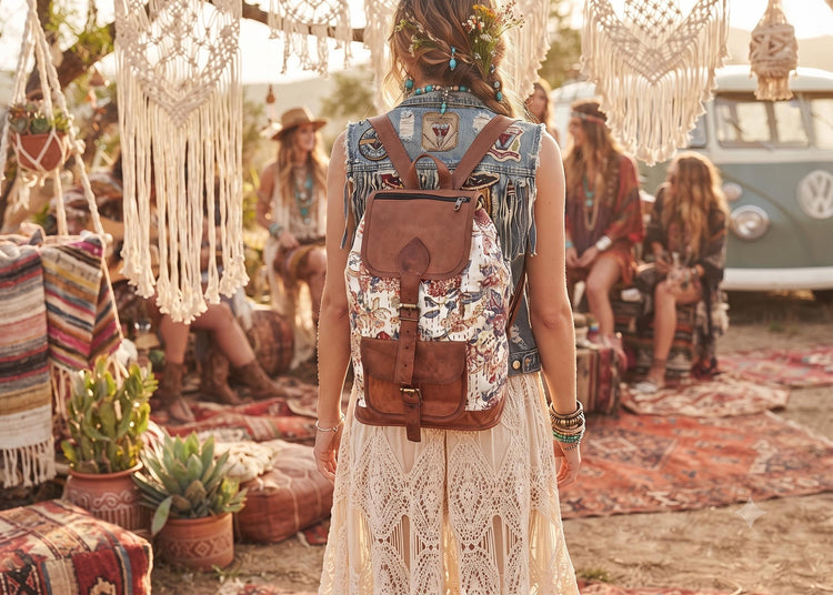 Floral Leather Backpack: Large Canvas Rucksack, Vintage Boho Bag