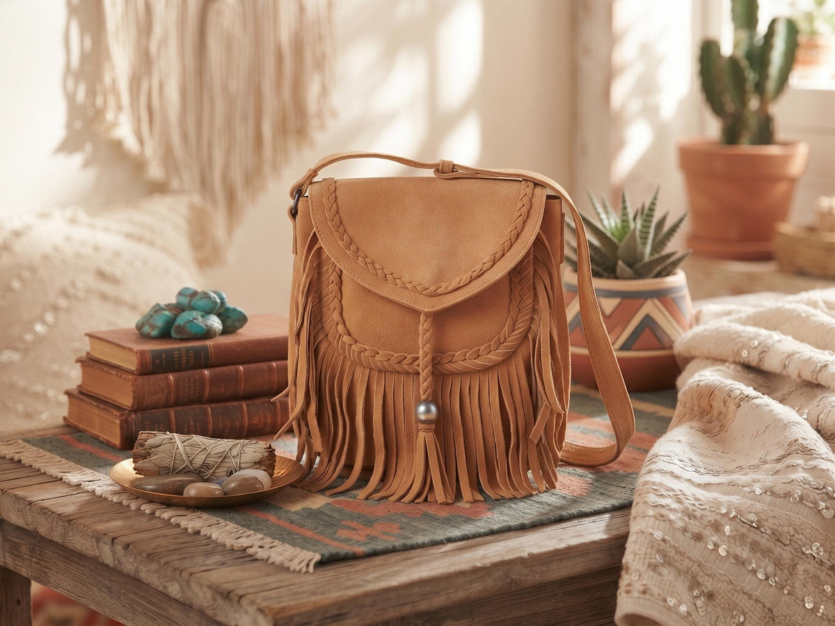 Boho Suede Leather Fringe Crossbody Bag, Western Cowgirl Purse, Hippie Festival Handbag, Bohemian Shoulder Bag Vintage Style