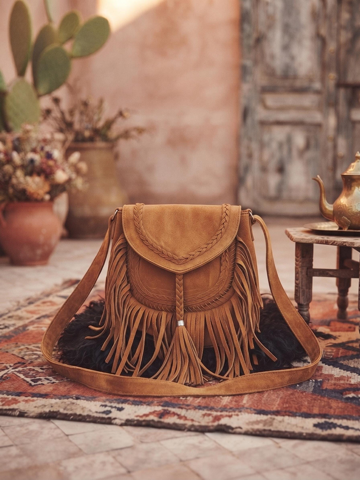 Boho Suede Leather Fringe Crossbody Bag, Western Cowgirl Purse, Hippie Festival Handbag, Bohemian Shoulder Bag Vintage Style