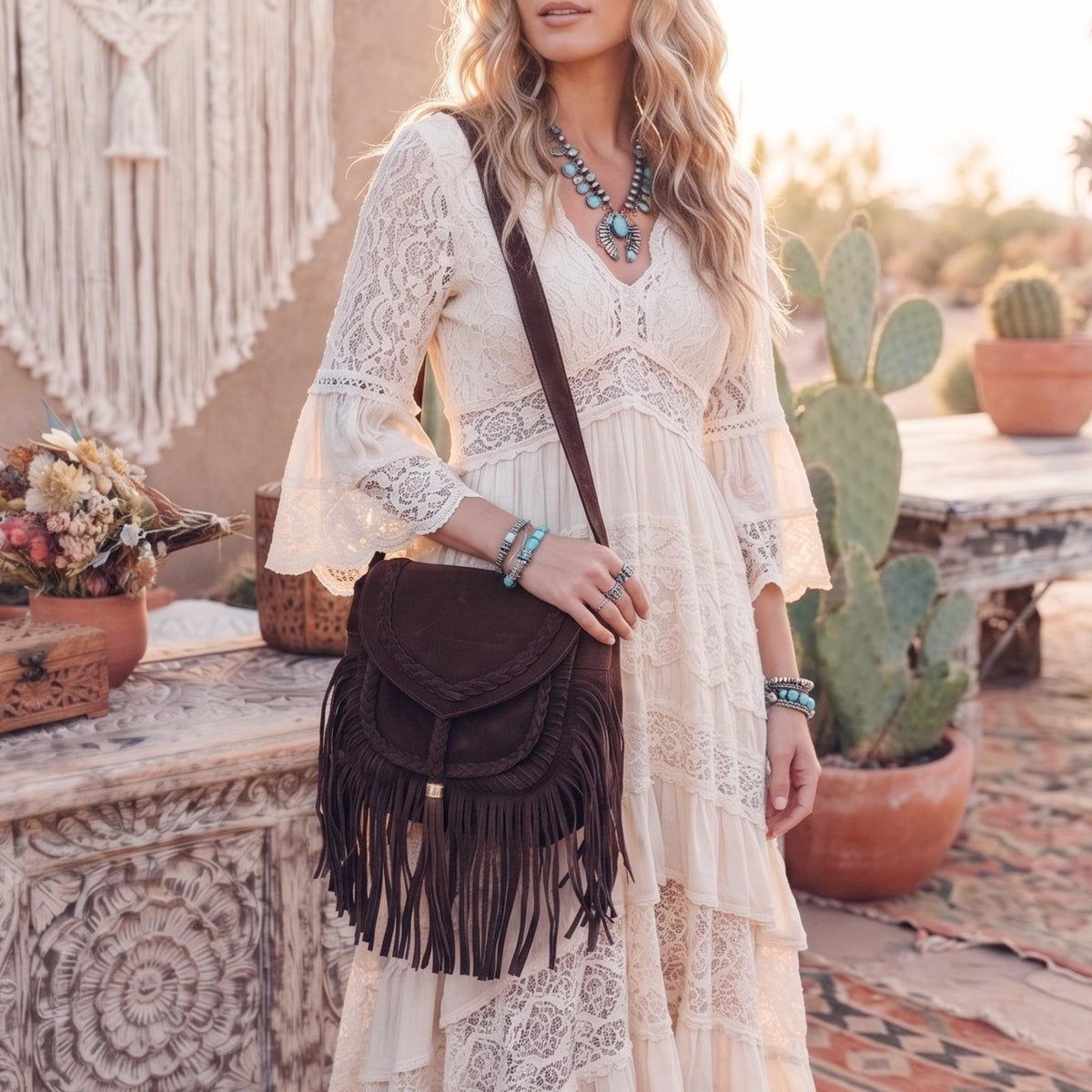 Braided Fringe Crossbody Bag, Small Boho Leather Purse, Hippie Festival Tote, Western Cowgirl Handbag, Women Shoulder Bag