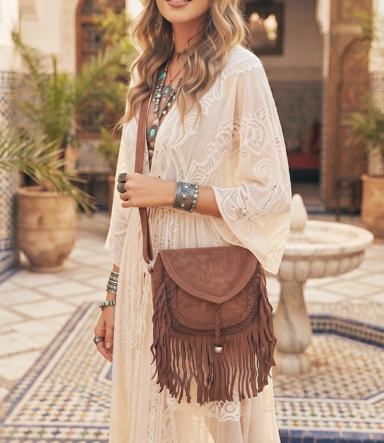 Braided Fringe Crossbody Bag, Small Boho Leather Purse, Hippie Festival Tote, Western Cowgirl Handbag, Women Shoulder Bag