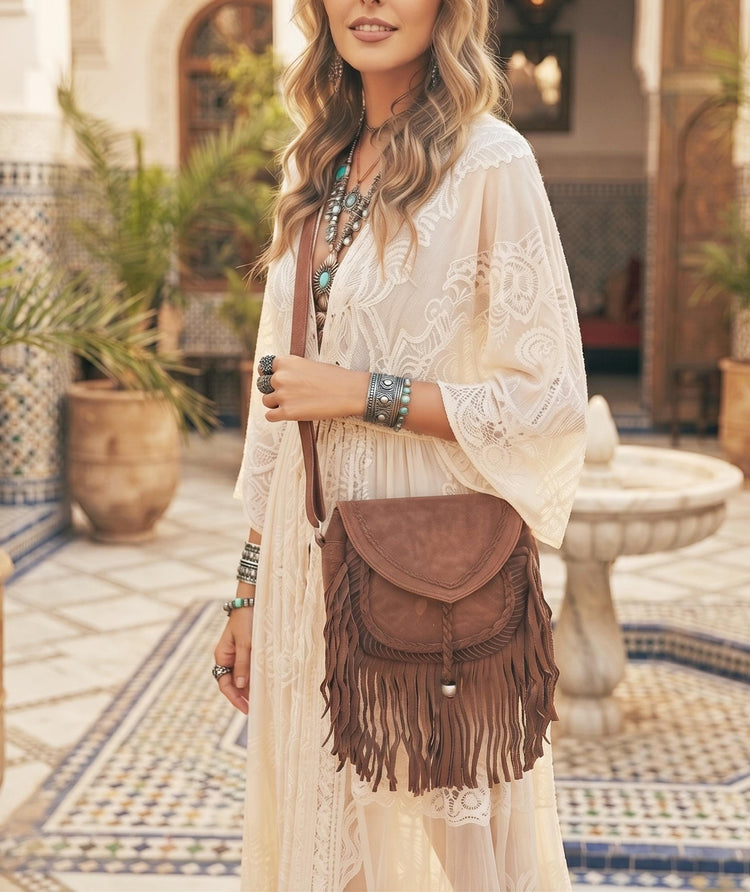 Braided Fringe Crossbody Bag, Small Boho Leather Purse, Hippie Festival Tote, Western Cowgirl Handbag, Women Shoulder Bag