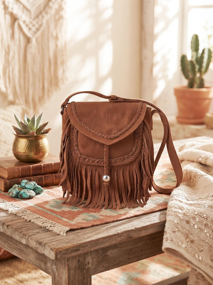 Braided Fringe Crossbody Bag, Small Boho Leather Purse, Hippie Festival Tote, Western Cowgirl Handbag, Women Shoulder Bag
