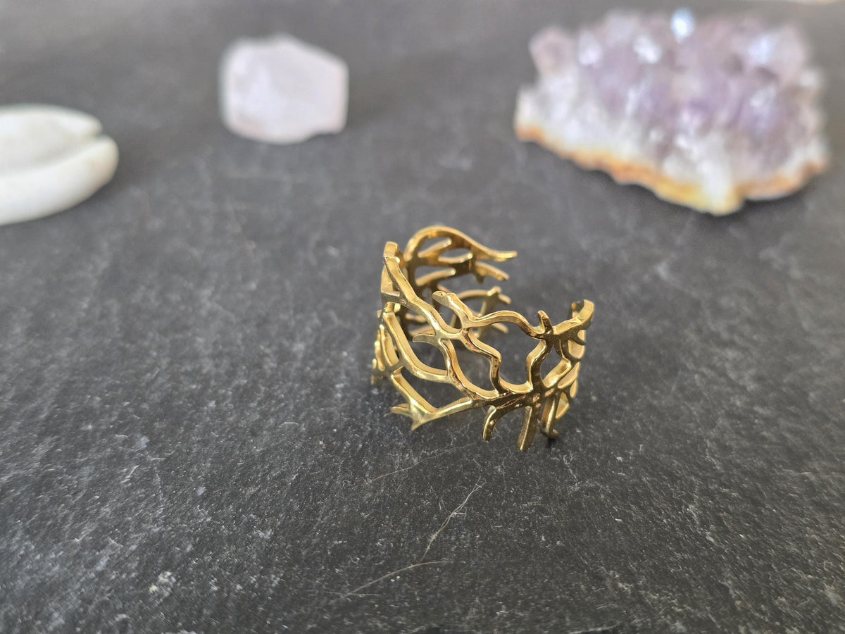 Gold Floral Lace Filigree Ring: Adjustable Gothic Boho Band