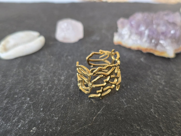 Gold Floral Lace Filigree Ring: Adjustable Gothic Boho Band