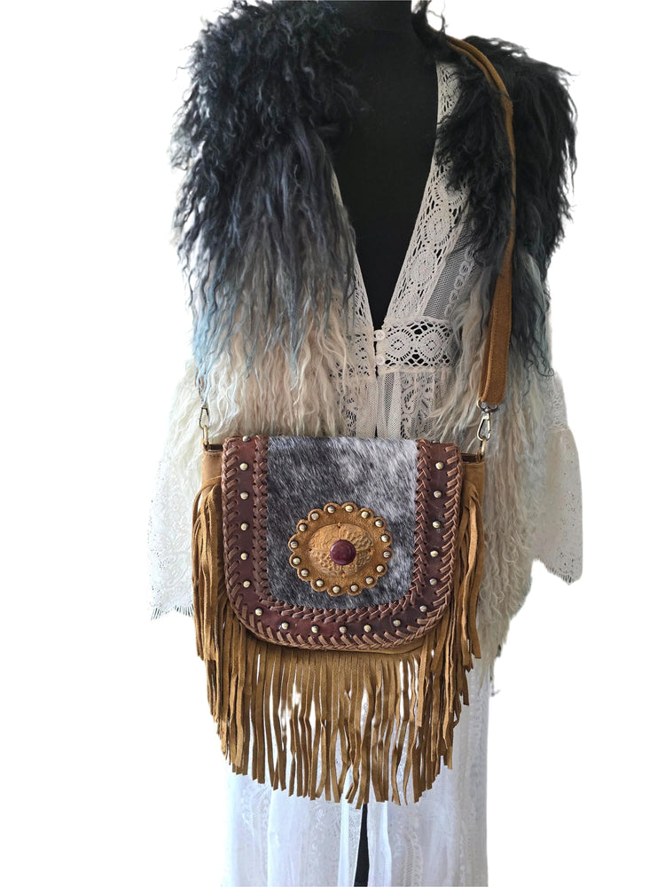 Boho Fringe Leather Crossbody Bag, Cowhide Western Purse, Tan Brown Cowgirl Bag, Hippie Festival Tassel Handbag