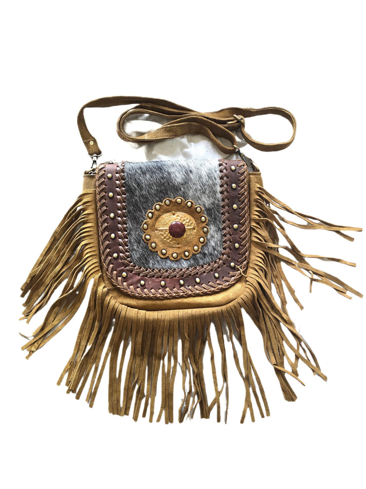 Boho Fringe Leather Crossbody Bag, Cowhide Western Purse, Tan Brown Cowgirl Bag, Hippie Festival Tassel Handbag