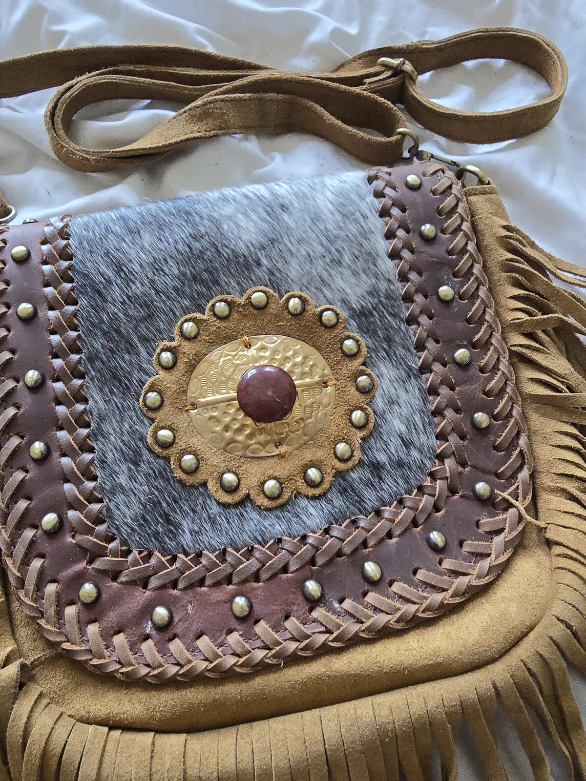 Boho Fringe Leather Crossbody Bag, Cowhide Western Purse, Tan Brown Cowgirl Bag, Hippie Festival Tassel Handbag