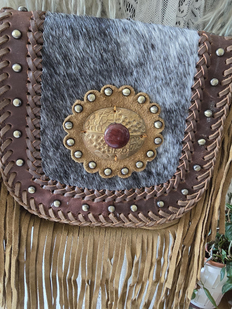 Boho Fringe Leather Crossbody Bag, Cowhide Western Purse, Tan Brown Cowgirl Bag, Hippie Festival Tassel Handbag
