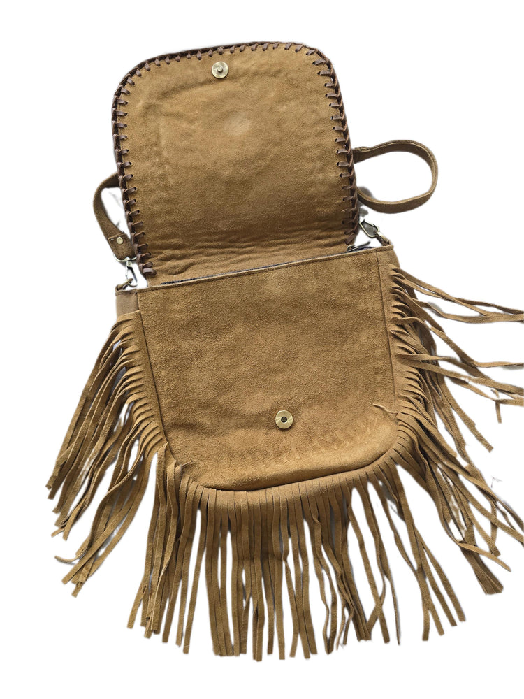 Boho Fringe Leather Crossbody Bag, Cowhide Western Purse, Tan Brown Cowgirl Bag, Hippie Festival Tassel Handbag
