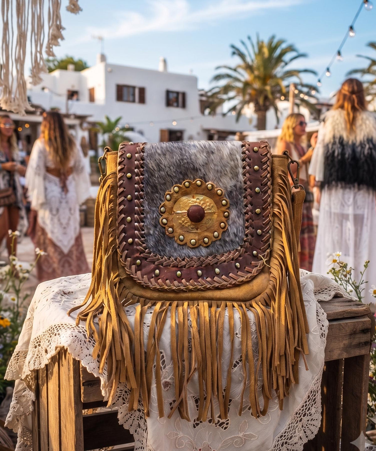 Boho Fringe Leather Crossbody Bag, Cowhide Western Purse, Tan Brown Cowgirl Bag, Hippie Festival Tassel Handbag