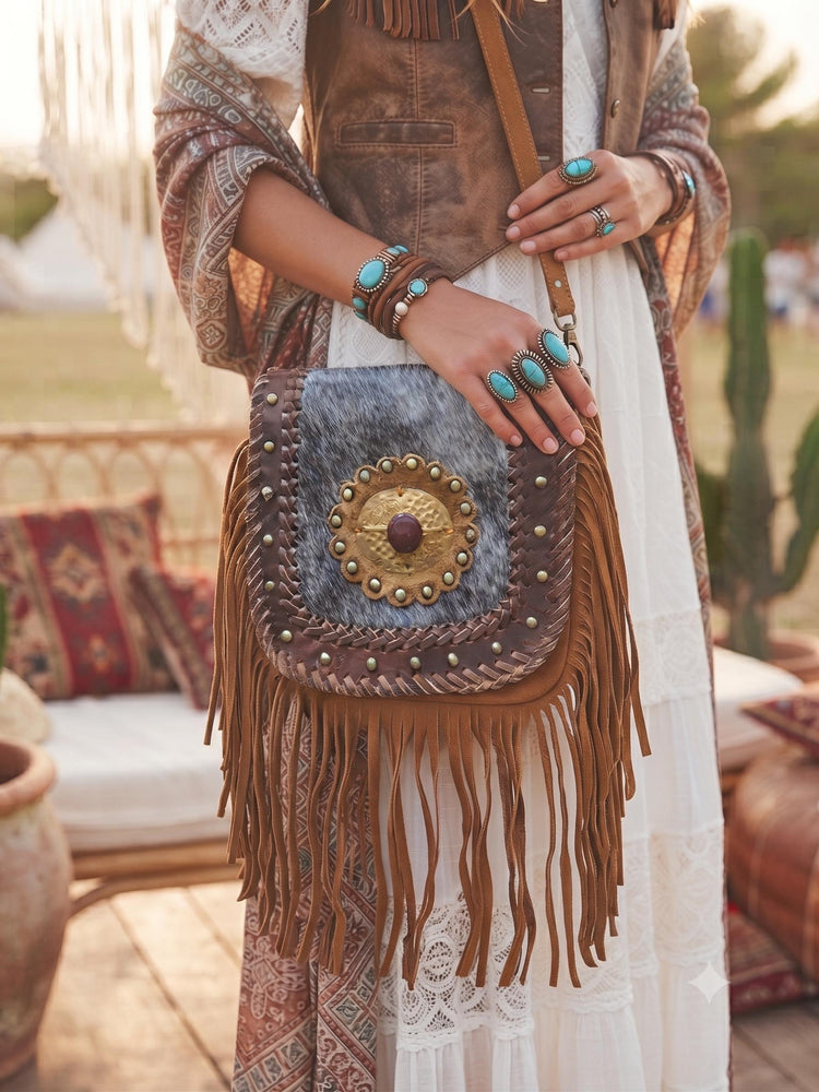 Boho Fringe Leather Crossbody Bag, Cowhide Western Purse, Tan Brown Cowgirl Bag, Hippie Festival Tassel Handbag