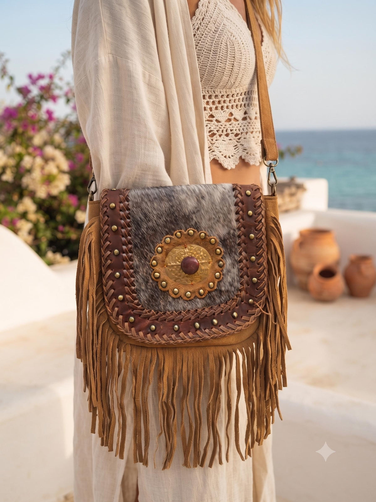 Boho Fringe Leather Crossbody Bag, Cowhide Western Purse, Tan Brown Cowgirl Bag, Hippie Festival Tassel Handbag