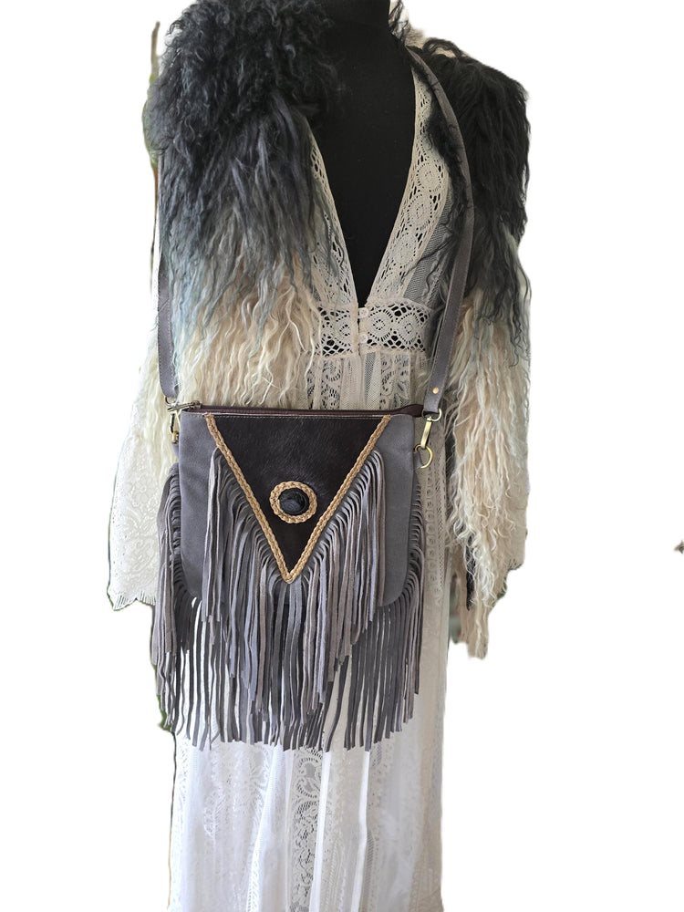 Grey Fringe Leather Crossbody Bag, Black Cowhide Purse, Boho Western Bag, Hippie Festival Handbag, Cowgirl Fringe Bag
