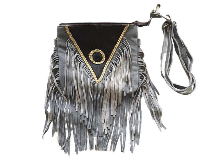 Grey Fringe Leather Crossbody Bag, Black Cowhide Purse, Boho Western Bag, Hippie Festival Handbag, Cowgirl Fringe Bag