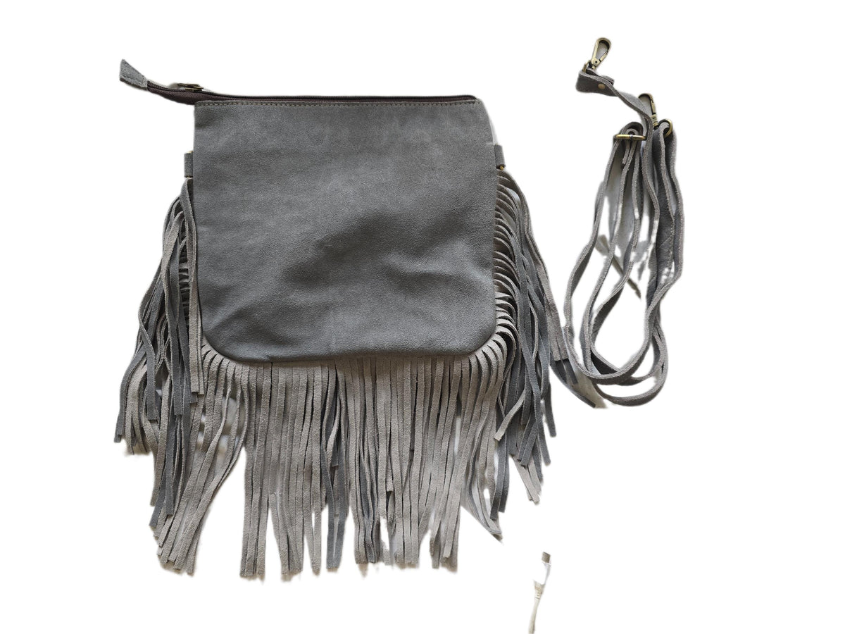 Grey Fringe Leather Crossbody Bag, Black Cowhide Purse, Boho Western Bag, Hippie Festival Handbag, Cowgirl Fringe Bag