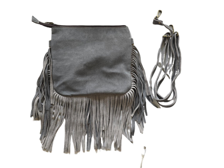Grey Fringe Leather Crossbody Bag, Black Cowhide Purse, Boho Western Bag, Hippie Festival Handbag, Cowgirl Fringe Bag